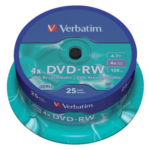 DVD-RW Verbatim 4.7 GB 4x Spindle Case in confezione da 25 dvd-rw - 43639